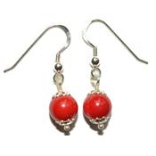 Boucles Crochets d'Oreilles Pierre Boule de 8mm en Corail Monture en Argent 925