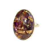 Bague Orgonite Cabochon Ovale 25x18 mm Améthyste et Feuilles d'Or Support Argent 925 Pièce Unique N° BOA-AMETH-1