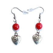 Boucles d'Oreilles Pierre Boule 8 mm en Corail Rouge Coeur métal argenté