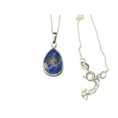 Pendentif Goutte Pierre Facettée en Lapis Lazuli Monture et Chainette en Argent 925