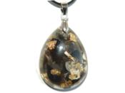 Pendentif Orgonite Goutte 30x20 mm Obsidienne oeil céleste et Feuilles d'Or Bélière Argent 925 Pièce Unique N°CEL-925-3