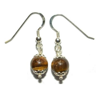 Boucles Crochets d'Oreilles Pierre Boule de 8mm en Oeil de Tigre Monture en Argent 925