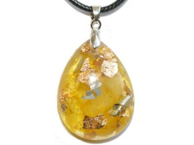 Pendentif Orgonite Goutte 30x20 mm Citrine et Feuilles d'Or Bélière Argent 925 Pièce Unique N°CIT-925-3