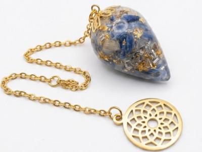 Pendule de Radiesthésie goutte Orgonite et Cristaux en Pierre de Cyanite Bleu-1
