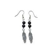 Boucles d'Oreilles Création en Pierres Boules d'Agate Noire (6 mm) Plumes Argentées