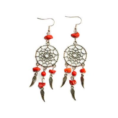 Boucles d'Oreilles Attrape Rêves Pierre Boule et Chips en Corail Rouge