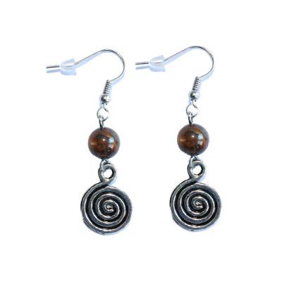 Boucles d'Oreilles Pierre Boule 8 mm en Oeil de Tigre Spirale métal argenté