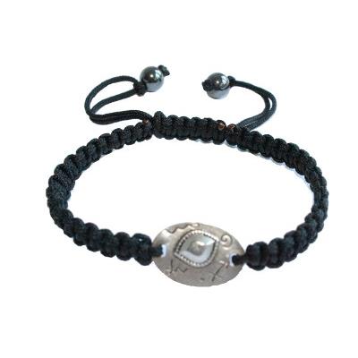 Bracelet Tibétain Pierres Boules en Hématite Plaque Ovale en métal argenté