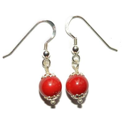 Boucles Crochets d'Oreilles Pierre Boule de 8mm en Corail Monture en Argent 925