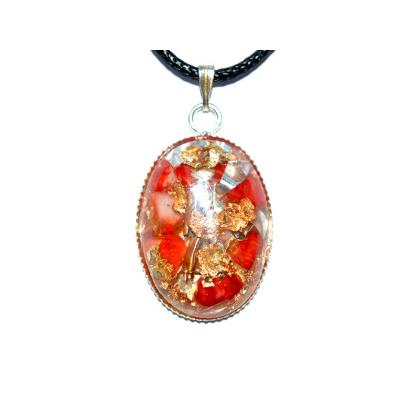 Pendentif Orgonite Cabochon Ovale 25x18 mm Corail et Feuilles d'Or Pièce Unique N°25corA-1