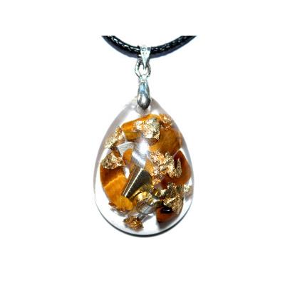 Pendentif Orgonite Goutte 30x20 mm Oeil de Tigre et Feuilles d'Or Pièce Unique N°3020tig-1