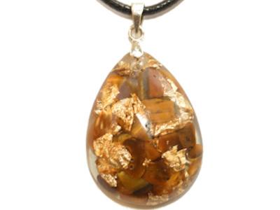 Pendentif Orgonite Goutte 30x20 mm Oeil de Tigre et Feuilles d'Or Bélière Argent 925 Pièce Unique N°TIG-925-5