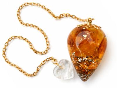Pendule de Radiesthésie goutte Orgonite et Cristaux en Pierre d'Ambre-1