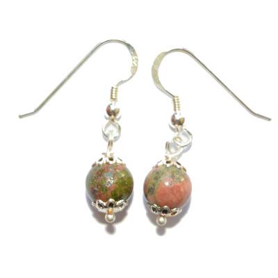 Boucles Crochets d'Oreilles Pierre Boule de 8mm en Unakite Monture en Argent 925