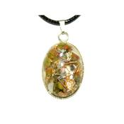 Pendentif Orgonite Cabochon Ovale 25x18 mm Unakite et Feuilles d'Or Pièce Unique N°25UNAK1