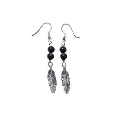 Boucles d'Oreilles Création en Pierres Boules d'Agate Noire (6 mm) Plumes Argentées