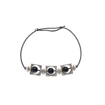 Bracelet Création en Pierres Boules d'Agate Noire (6 mm) Intercalaire Carré Montage Elastique