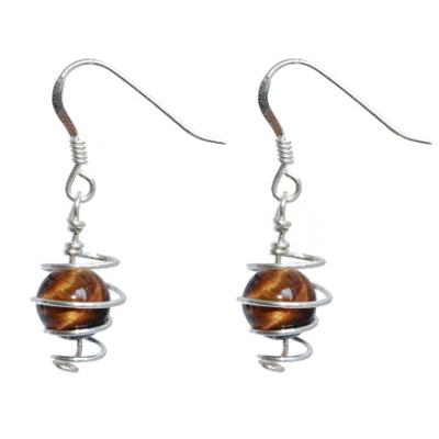 Boucles d'Oreilles Pierre Boule en Oeil de Tigre Spirale Argent 925