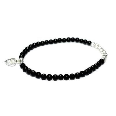 Bracelet en Pierres Boules d'Agate Noire 4 mm Perles et Coeur en Argent 925