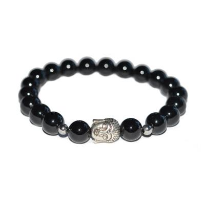 Bracelet en Pierres Boules d'Agate Noire 8 mm et Bouddha