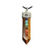 7 Chakras Pendentif Pointe 4 à 5 cm en Oeil de Tigre Montage Argenté