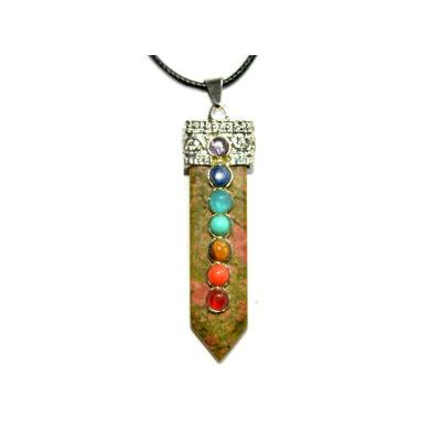 7 Chakras Pendentif Pointe 4 à 5 cm en Unakite Montage Argenté