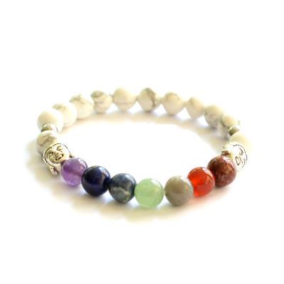 Bracelet 7 Chakras Pierres Boules d'Howlite Blanche 8 mm et Bouddha