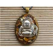 Orgonite Pendentif Cabochon Ovale 40x30 Oeil de Tigre Bouddha et Feuilles d'Or Pièce Unique N°OTGBORG4030-1