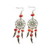 Boucles d'Oreilles Attrape Rêves Pierre Boule et Chips en Corail Rouge