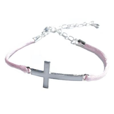 Bracelet Réglable Croix Blanche Cordon Rose