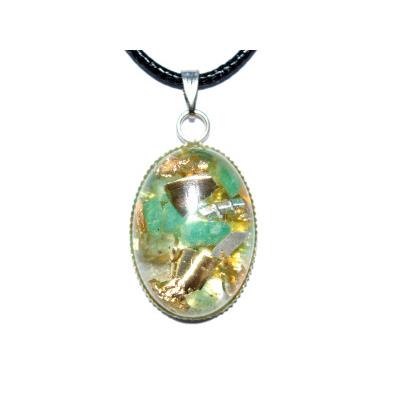 Pendentif Orgonite Cabochon Ovale 25x18 mm Amazonite et Feuilles d'Or Pièce Unique N°25AMZ-3