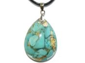 Pendentif Orgonite Goutte 30x20 mm Turquoise et Feuilles d'Or Bélière Argent 925 Pièce Unique N°TUR-925-4