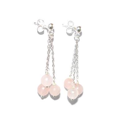 Quartz Rose Clous d'Oreilles 3 Pierres Boules Facettées Sur Argent 925