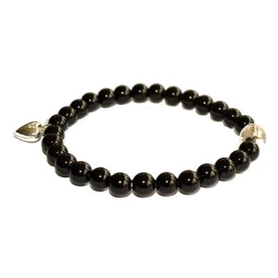 Bracelet en Pierre Boule d'Agate noire 6mm et Coeur en Argent 925