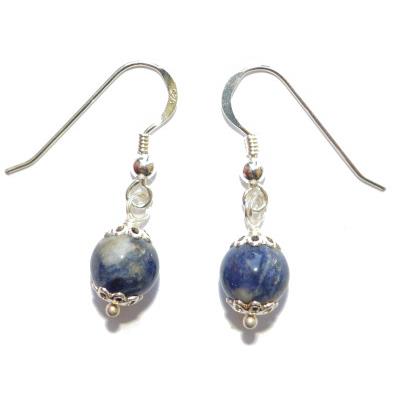 Boucles Crochets d'Oreilles Pierre Boule de 8mm en Sodalite Monture en Argent 925