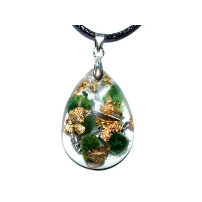 Pendentif Orgonite Goutte 30x20 mm Aventurine Verte et Feuilles d'Or Pièce Unique N°3020avt-1