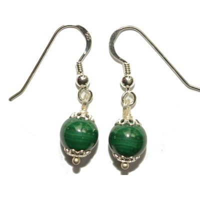 Boucles Crochets d'Oreilles Pierre Boule de 8mm en Malachite Monture en Argent 925