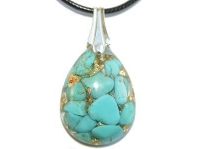 Pendentif Orgonite Goutte 30x20 mm Turquoise et Feuilles d'Or Bélière Argent 925 Pièce Unique N°TUR-925-2