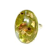 Bague Orgonite Cabochon Ovale 25x18 mm Péridot et Feuilles d'Or Support Argent 925 Pièce Unique N° BOA-PER