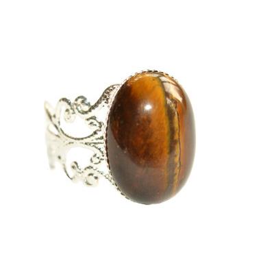 Bague Style Baroque en Oeil de Tigre Cabochon Ovale 18x13 mm