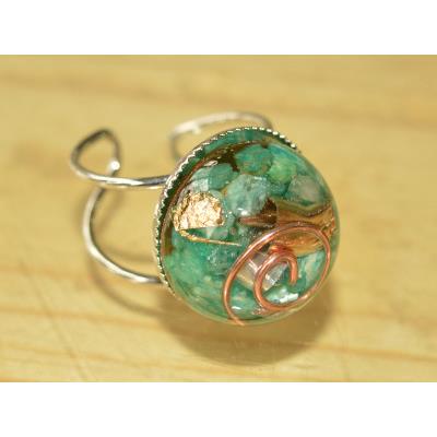 Bague Orgonite Cabochon Rond 18mm Amazonite et Feuille d'Or Pièce Unique N°AMAZORG-1