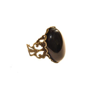 Bague Style Baroque en Agate Noire Cabochon Ovale 25x18 mm