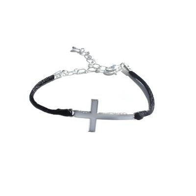 Bracelet Réglable Croix Blanche Cordon Noir