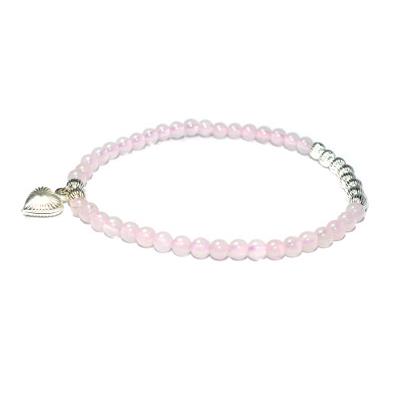 Bracelet en Pierres Boules de Quartz Rose 4 mm Perles et Coeur en Argent 925