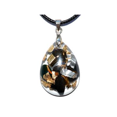 Pendentif Orgonite Goutte 30x20 mm Obsidienne Oeil Céleste et Feuilles d'Or Pièce Unique N°3020cel-1