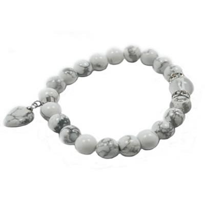 Bracelet en Pierres Boules 8 mm d'Howlite Blanche et Coeur 12 mm