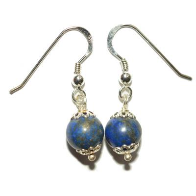 Boucles Crochets d'Oreilles Pierre Boule de 8mm en Lapis Lazuli Monture en Argent 925