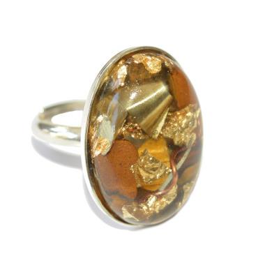 Bague Orgonite Cabochon Ovale 25x18 mm Oeil de Tigre et Feuilles d'Or Support Argent 925 Pièce Unique N° BOA-TIG-3