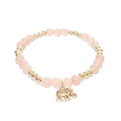 Bracelet en Pierre Boule de Quartz Rose perles et Eléphant en Métal Argenté