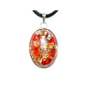 Pendentif Orgonite Cabochon Ovale 25x18 mm Corail et Feuilles d'Or Pièce Unique N°25corA-1